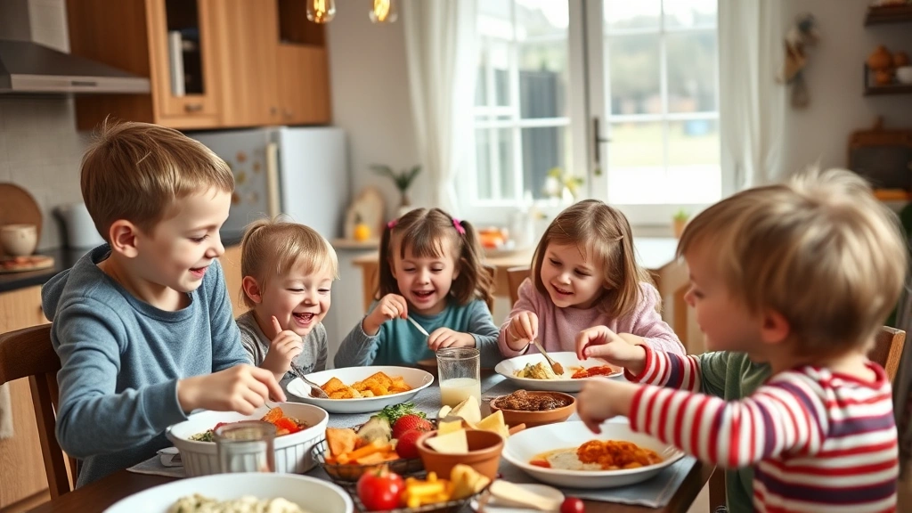 A busy household scene showing older siblings helping with younger children during a family meal, with laughter and connection visible, demonstrating sibling bonds and family dynamics