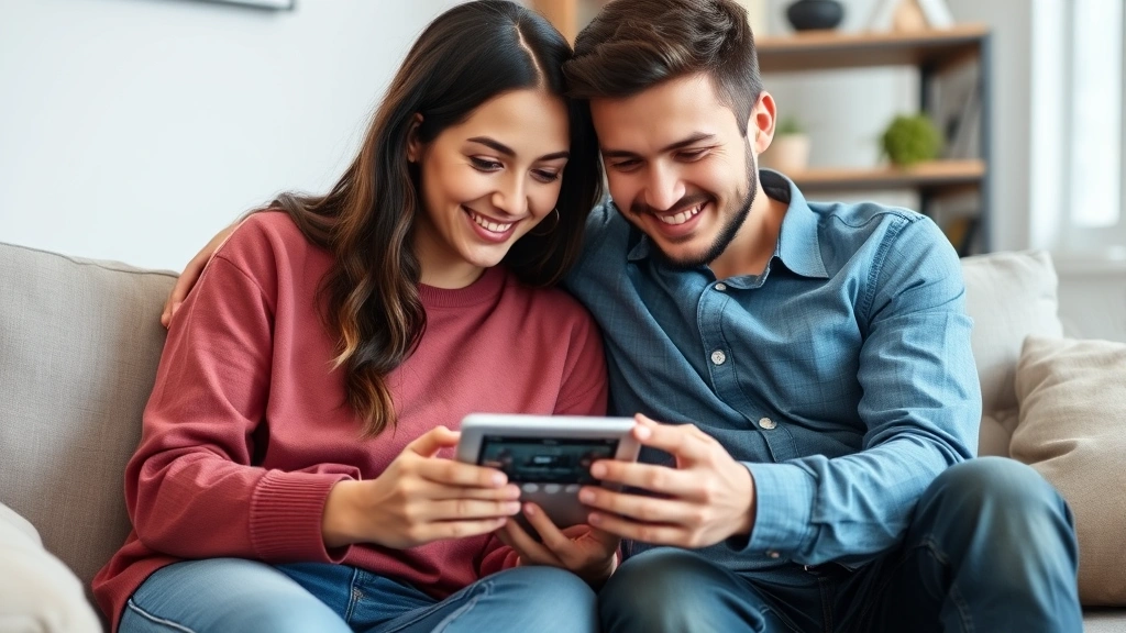 Parent and teenager sitting together on a couch, looking at a smartphone or tablet displaying music streaming service, both engaged and smiling, natural family moment