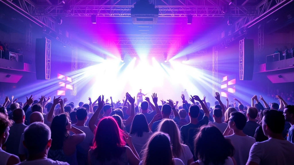 Concert crowd with young people enjoying live music performance, colorful stage lighting, diverse group of friends dancing and celebrating together, energetic atmosphere