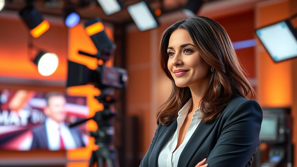 Professional woman in television studio setting with warm lighting and modern broadcast equipment, no text no words no letters