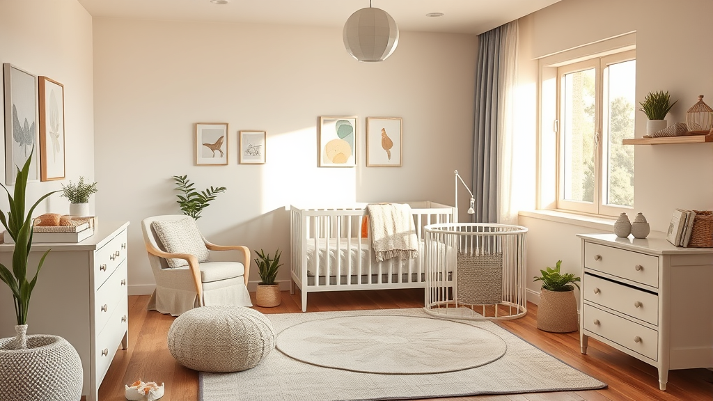 Peaceful nursery room with modern furniture and soft natural lighting creating cozy atmosphere, no text no words no letters