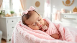 Newborn baby girl in soft pink blanket, peaceful sleeping in sunlit nursery with white furniture and delicate decorations, warm natural lighting