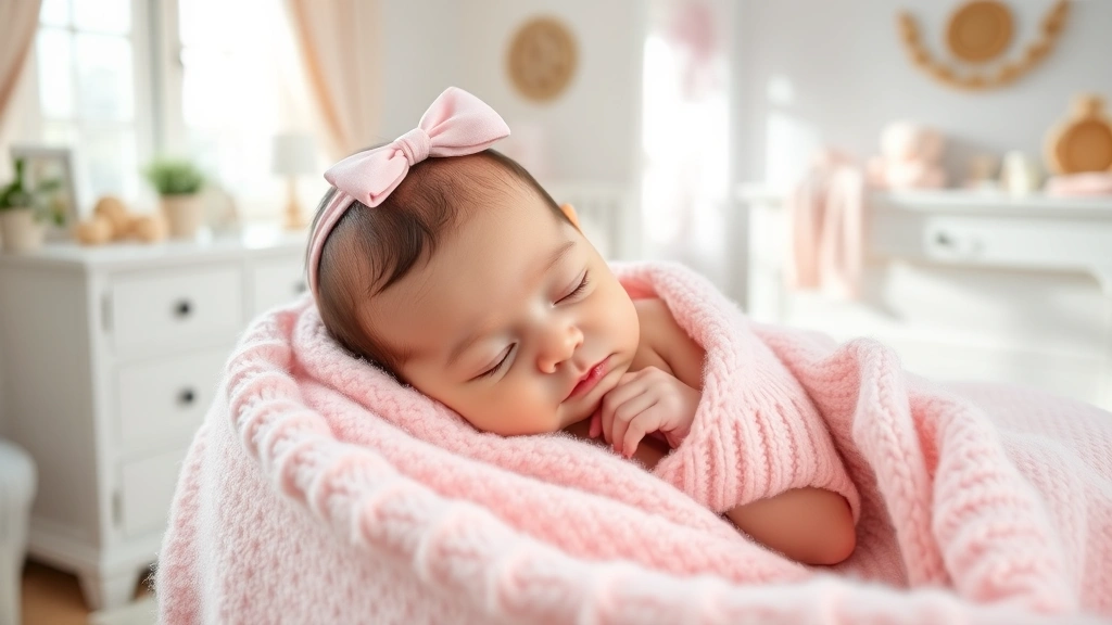 Newborn baby girl in soft pink blanket, peaceful sleeping in sunlit nursery with white furniture and delicate decorations, warm natural lighting