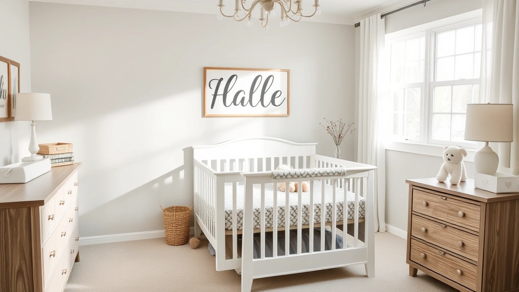 Elegant nursery room with personalized name artwork on wall, white crib with monogrammed bedding, wooden furniture, and soft natural light streaming through window