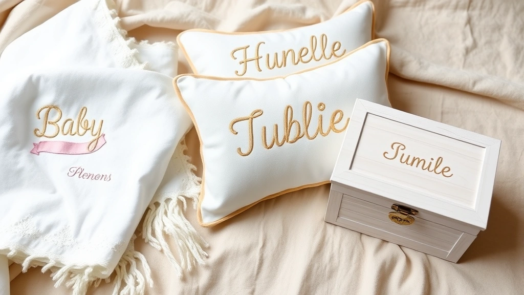 Close-up of delicate personalized baby items including embroidered blanket, custom name pillow, and keepsake box arranged on soft neutral fabric background