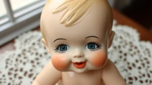 Vintage porcelain Kewpie doll with oversized head and distinctive smug expression, sitting on antique lace doily, soft natural lighting highlighting delicate features and original paint details