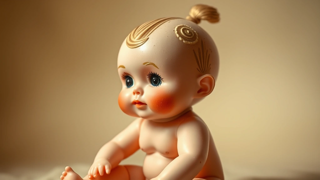 Vintage Kewpie baby doll with characteristic topknot, sitting pose, soft focused background, warm studio lighting, fine details visible