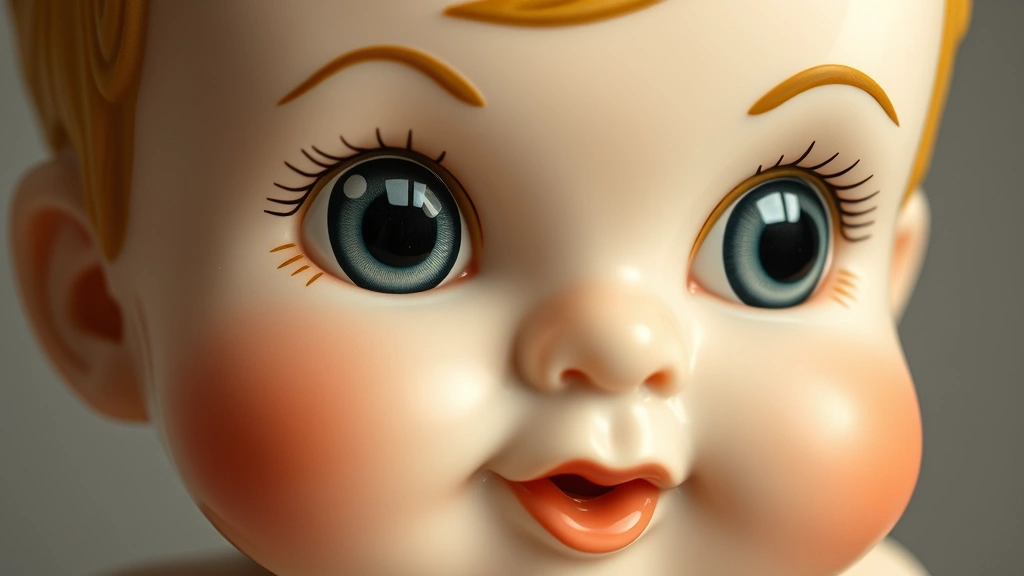 Close-up detail of Kewpie baby face showing side-glancing eyes and impish expression, porcelain texture visible, neutral background