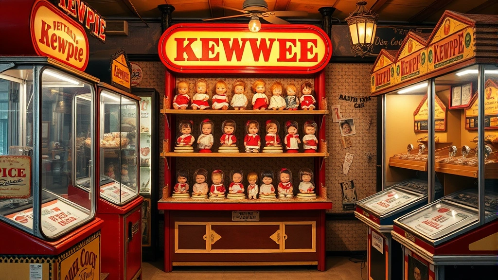 Antique carnival game booth scene with Kewpie dolls as prizes displayed on shelves, vintage wooden game structures, nostalgic fair atmosphere with warm vintage lighting