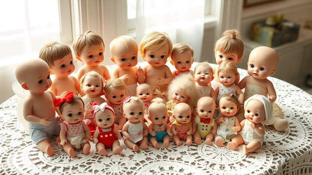 Collection of various Kewpie babies in different sizes and materials arranged on vintage lace tablecloth, natural daylight, nostalgic composition