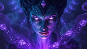 A mystical supernatural being with ethereal features, glowing eyes, surrounded by dark purple and blue magical energy, photorealistic fantasy art style, no text