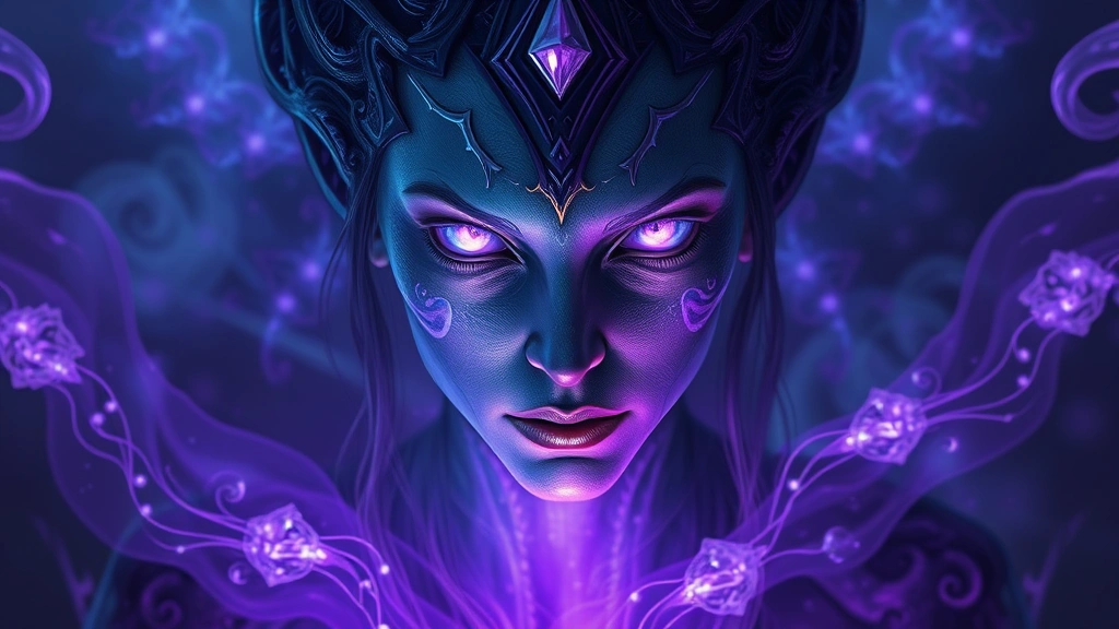 A mystical supernatural being with ethereal features, glowing eyes, surrounded by dark purple and blue magical energy, photorealistic fantasy art style, no text