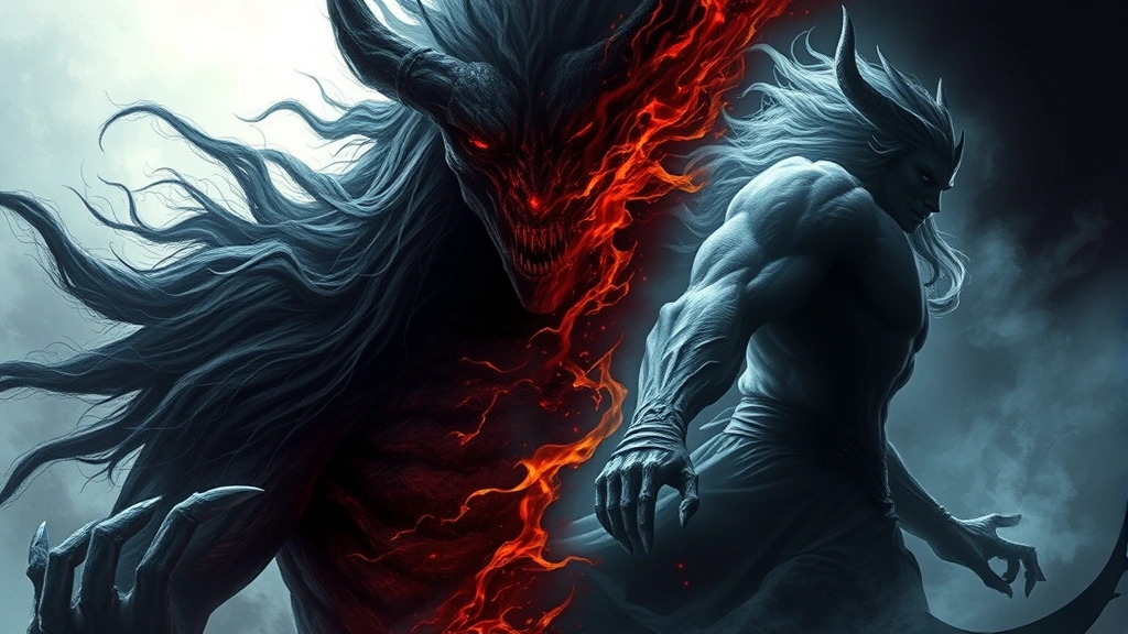 A dramatic transformation scene showing dual nature of supernatural character with contrasting light and shadow elements, photorealistic fantasy illustration, no text