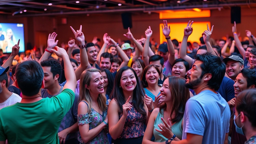 A community gathering scene with fans celebrating together in vibrant colors, diverse group enjoying shared interests, warm photorealistic style, no text