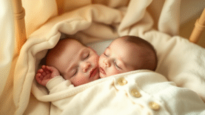 Peaceful sleeping baby in soft bamboo sleep sack, cozy nursery lighting, gentle pastels, no text no words no letters