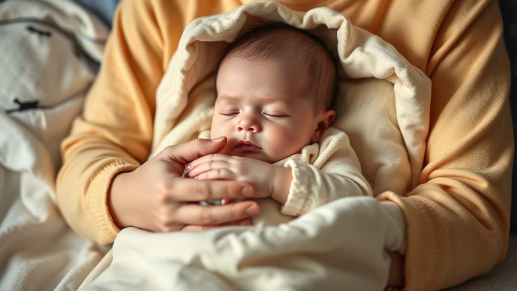 Parent holding content baby in sleep sack, nighttime routine, warm family moment, no text no words no letters