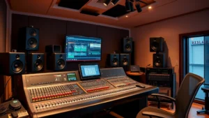 Professional music studio setup with mixing console and monitors, warm lighting, no text or labels visible, photorealistic style, modern recording environment