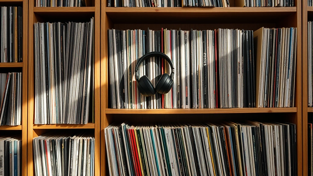 Vinyl record collection on wooden shelves with headphones draped over albums, soft natural lighting, organized music library aesthetic, photorealistic