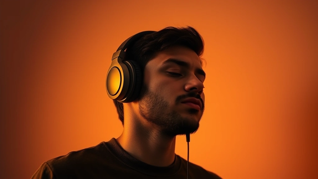 Person listening to music with high-quality headphones, eyes closed in concentration, minimalist background, warm atmospheric lighting, photorealistic style