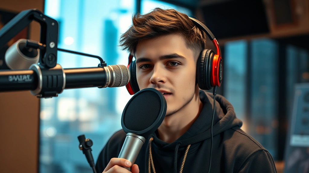 Young male hip-hop artist in modern recording studio with professional microphone and headphones, confident expression, urban aesthetic background