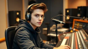 Young musician in professional recording studio, sitting at mixing console with headphones, focused expression, modern equipment visible