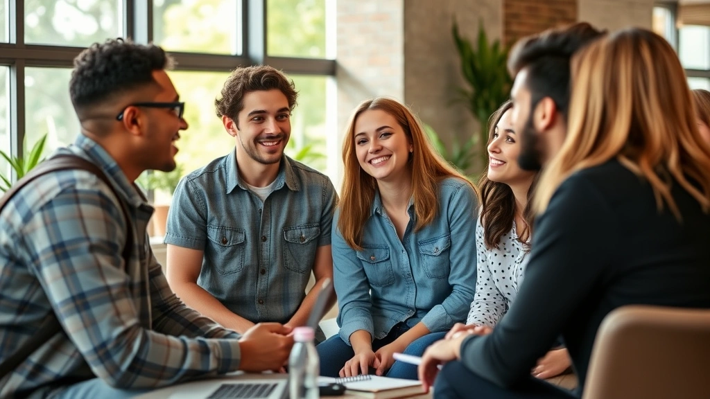 Diverse group of young adults in casual setting discussing career paths and education options, bright natural lighting, engaged conversation