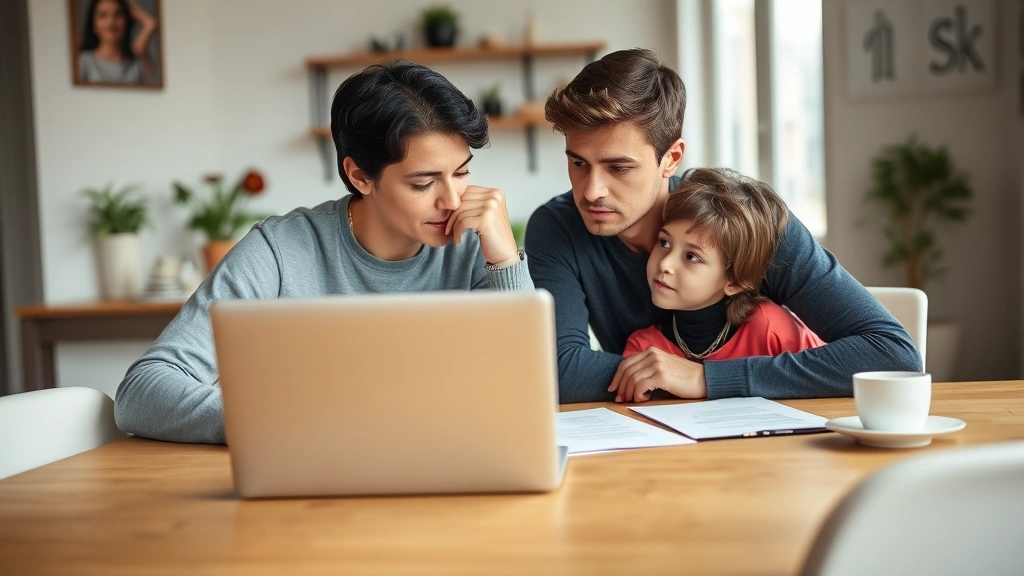 Parent and teenage child having thoughtful discussion at dining table with laptop and papers, warm home environment, genuine connection moment