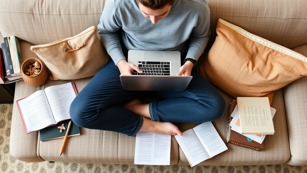 Person reading on couch with laptop, surrounded by books and notes, representing self-directed learning and skill development