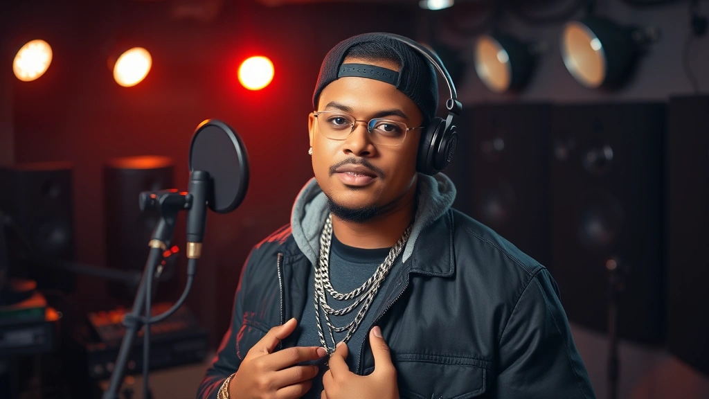 Professional male rapper in recording studio, confident posture, modern hip-hop aesthetic, stage lighting ambiance, no text or identifying marks