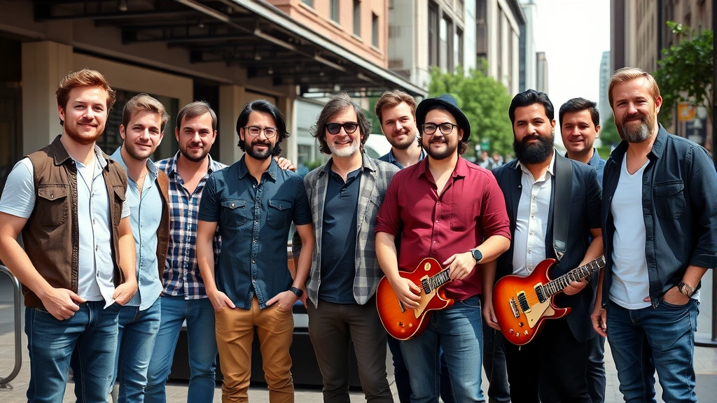 Diverse group of male musicians standing together at outdoor urban venue, various heights represented, casual confident poses, natural daylight