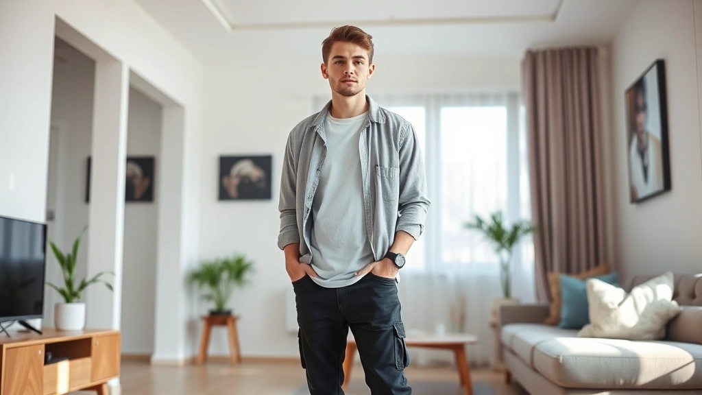 Young man in casual streetwear standing in modern apartment or studio space, relaxed natural stance, contemporary style clothing, bright natural lighting