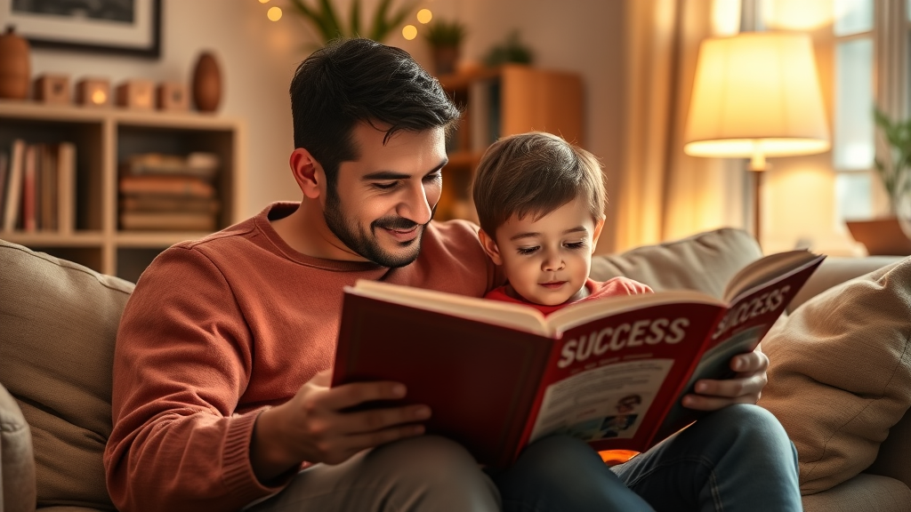 Young parent reading success stories with child in cozy living room setting, warm lighting, inspirational atmosphere, no text no words no letters