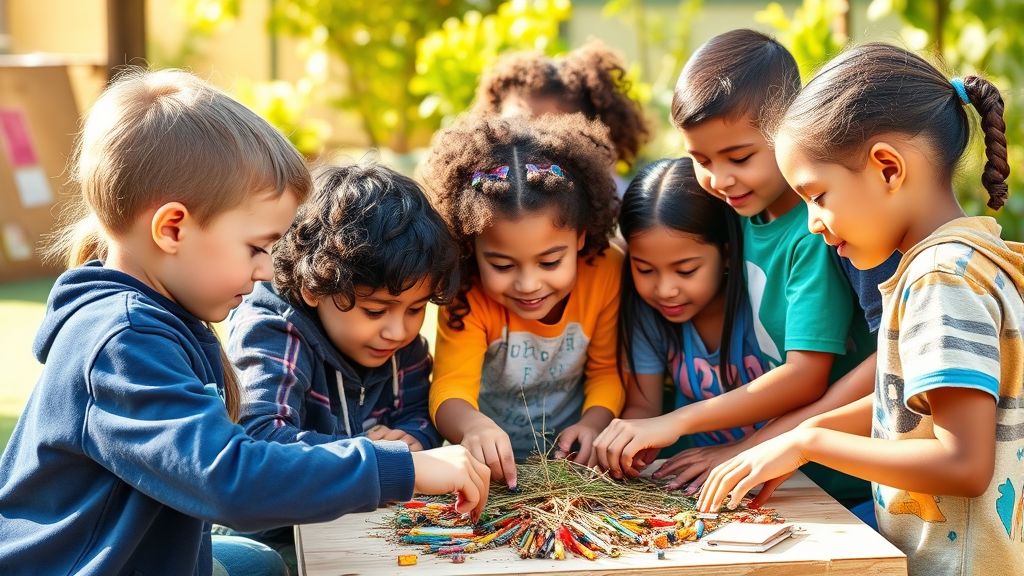 Diverse children working together on community project, teamwork and collaboration, bright outdoor setting, no text no words no letters