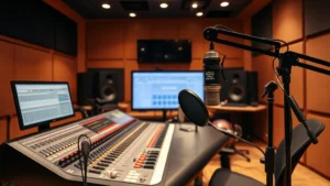 Modern recording studio with mixing console and professional microphone setup, warm lighting, no text or labels visible