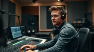 Young professional man in modern recording studio, sitting at mixing console with headphones around neck, focused expression, professional audio equipment visible