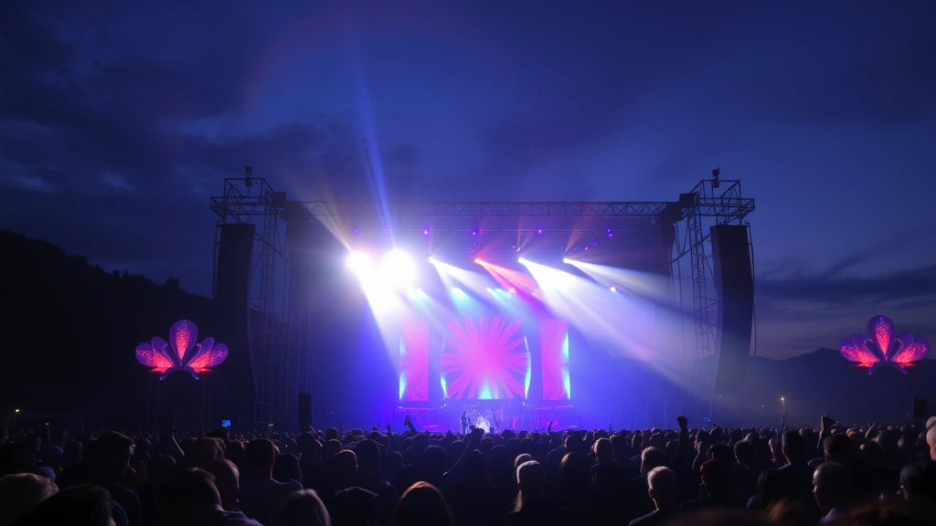 Concert stage with crowd during evening performance, dynamic lighting effects, energetic atmosphere, no visible signage or text