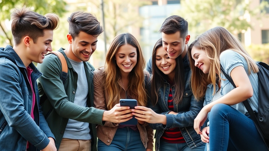 Diverse group of teenagers gathered around smartphone, listening to music together outdoors, genuine expressions of enjoyment and engagement
