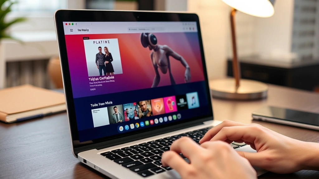 Laptop screen showing music streaming platform interface with album artwork, hands typing on keyboard, home office setting with desk lamp