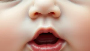 Close-up of an infant's mouth showing the upper lip area, soft natural lighting, baby appearing calm and peaceful, focus on the lip-to-gum tissue area