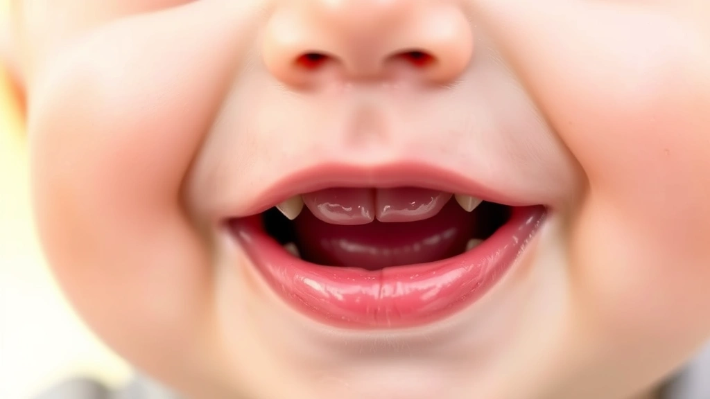 Close-up of a smiling infant's mouth showing upper lip mobility and gum area, natural daylight, soft focus background
