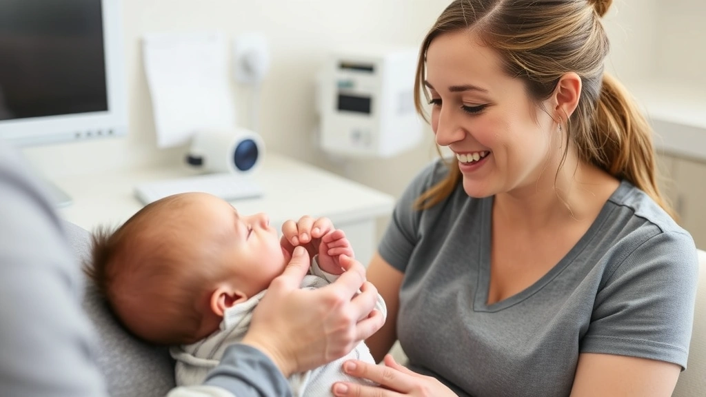 Lactation consultant examining a newborn baby's mouth during feeding assessment, clinical setting, caring expression, professional environment