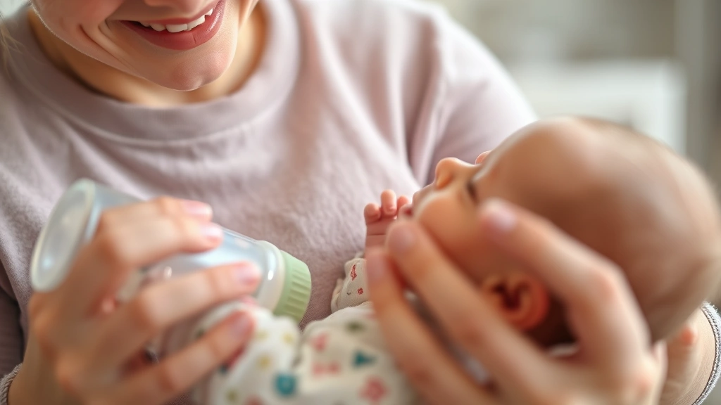 Happy baby successfully bottle feeding with proper latch technique, peaceful expression, indoor lighting, parent's hands visible supporting baby