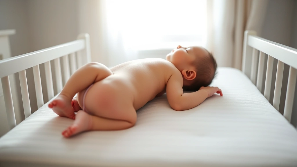 Peaceful newborn sleeping on back in minimalist white crib with fitted sheet, soft natural daylight through window, calm bedroom environment