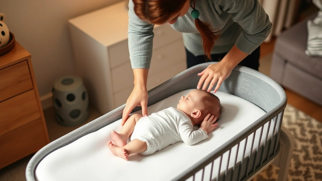 Parent gently placing infant on firm mattress in bassinet, side profile showing proper back sleep positioning, warm bedroom lighting