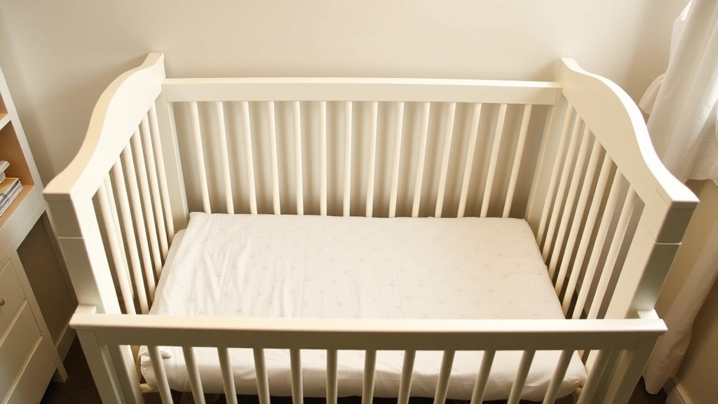 Safe nursery setup showing empty crib with no pillows or blankets, temperature control visible, clean organized space with soft ambient lighting