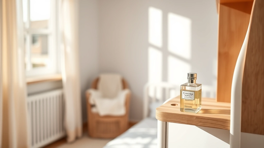 A serene nursery room with soft natural lighting, a white crib with delicate bedding, and a small glass bottle of classic fragrance on a wooden shelf, emphasizing gentle care and baby comfort