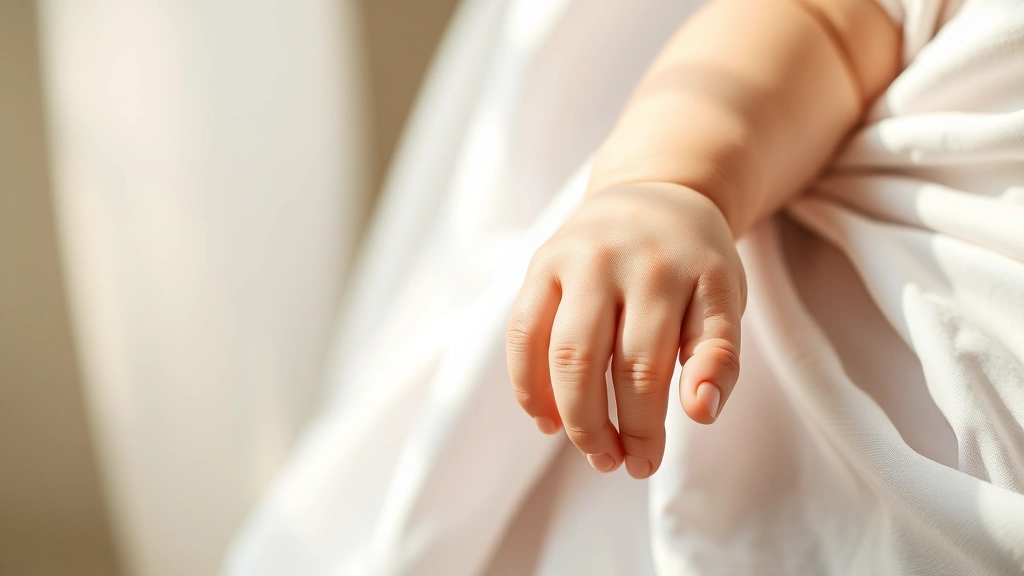 Close-up of a mother gently holding a baby's tiny hand against soft white fabric, warm natural light creating a peaceful atmosphere, conveying tenderness and parental care