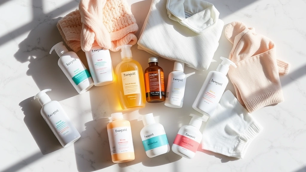A collection of baby care products arranged on a marble surface including lotions, blankets, and clothing items, with soft shadows and natural lighting, representing comprehensive baby skincare options