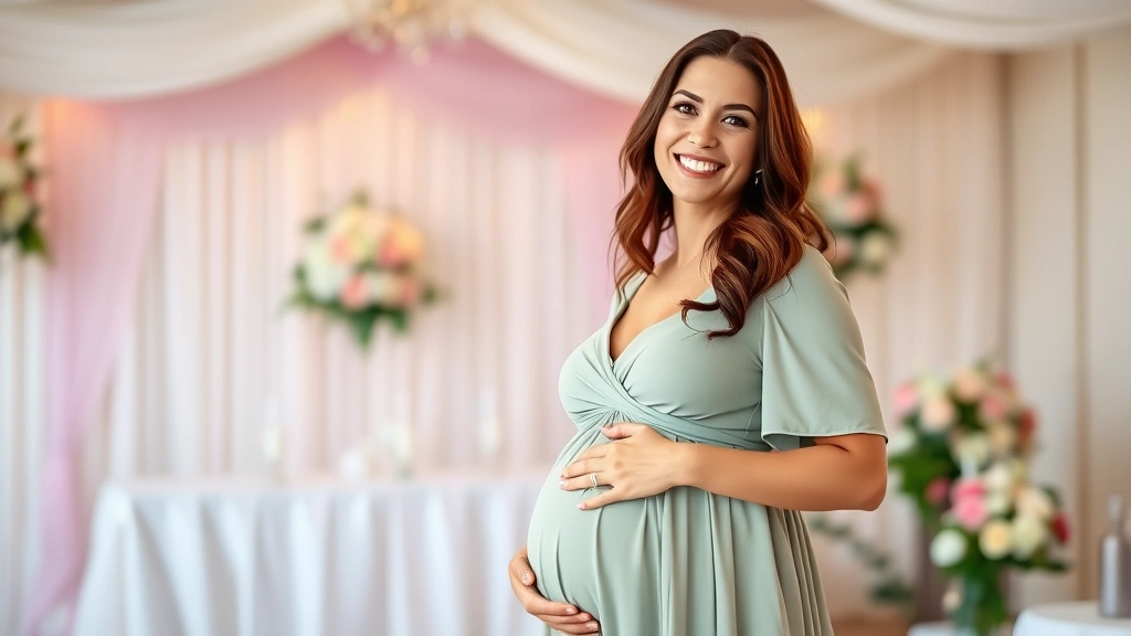 Pregnant woman wearing an elegant empire waist maternity dress in soft sage green, smiling confidently at a decorated baby shower venue with soft lighting and flowers in background