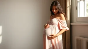 Pregnant woman wearing elegant blush-colored flowing maternity dress standing in soft natural sunlight near a window, looking down at her bump with a peaceful expression, relaxed posture